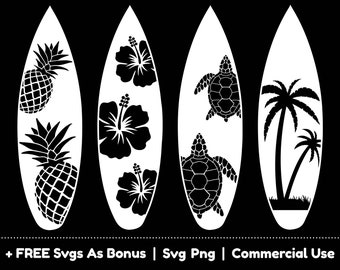 Op de afbeelding: Vier zwart-witte surfplank ontwerpen met verschillende tropische thema's. De ontwerpen omvatten ananas, hibiscus bloemen, palmbomen en zeeschildpadden.