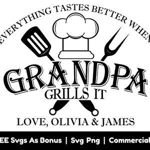 Todo sabe mejor, cuando el abuelo lo asa a la parrilla archivos Png png, a la parrilla svg, tenedor y espátula svg, chef hat svg, delantal diseño svg, papá svg