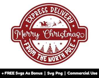 Op de afbeelding: Rode en witte kerst-stempel met de tekst "Express Delivery Merry Christmas From The North Pole". De stempel toont een silhouet van de kerstman in zijn slee met rendieren.
