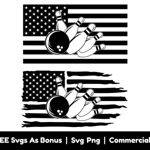 May include: Black and white graphic design featuring a bowling ball and bowling pins in front of an American flag. The flag is in a distressed style with a ripped edge.