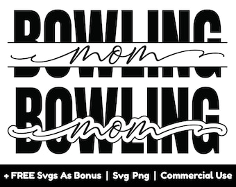 May include: Black and white graphic design with the text "BOWLING mom BOWLING mom" in a bold font. The text "mom" is written in a cursive font. The text "+ FREE Svgs As Bonus | Svg Png | Commercial Use" is at the bottom of the design.