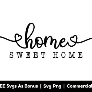Könnte beinhalten: Schwarzweißes Grafikdesign mit dem Text "home sweet home" in kursivschrift mit Herzen. Das Wort "home" ist größer und in einer dekorativeren Schriftart.