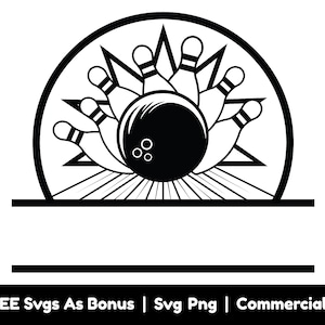 May include: Black and white illustration of a bowling ball and pins in a starburst design. The image is suitable for use as a logo or design element.