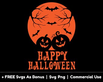 Könnte beinhalten: Ein schwarzes und oranges Halloween-Design mit zwei Jack-o'-Lantern-Kürbissen, einem Vollmond mit Fledermäusen, die um ihn herum fliegen, und dem Text "HAPPY HALLOWEEN".