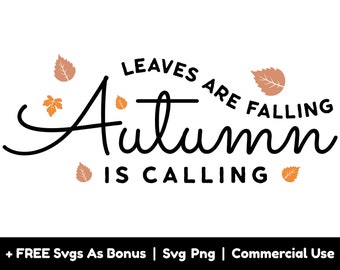May include: Black and white graphic design with the text "Leaves are falling, Autumn is calling". The design features stylized leaves in orange and brown.