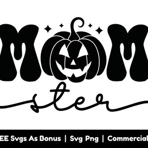 以下が含まれることがあります： 「Momster」というテキストと、ジャック・オー・ランタンの顔をしたスタイリッシュなカボチャが描かれた、白黒のグラフィックデザインです。