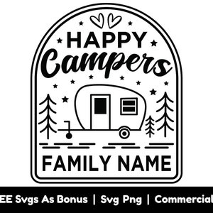 Happy Campers Svg Png Arquivos, Moldura Dupla Svg, Nome de Família Personalizado Svg, Contorno de Árvores Svg, Camper T Shirt Design Svg, Estrelas Svg, Camper Van