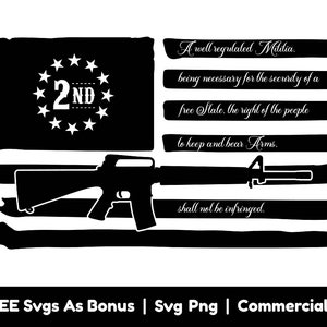 Puede incluir: Silueta en blanco y negro de una bandera estadounidense con un rifle y el texto "2ND" en un círculo de estrellas. El texto debajo de la bandera dice: "A well regulated Militia, being necessary for the security of a free State, the right of the people to keep and bear Arms, shall not be infringed."