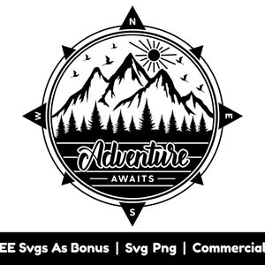 May include: Black and white illustration of a compass with mountains, a sun, and birds. The compass points north, south, east, and west. The text "Adventure Awaits" is written in a stylized font.