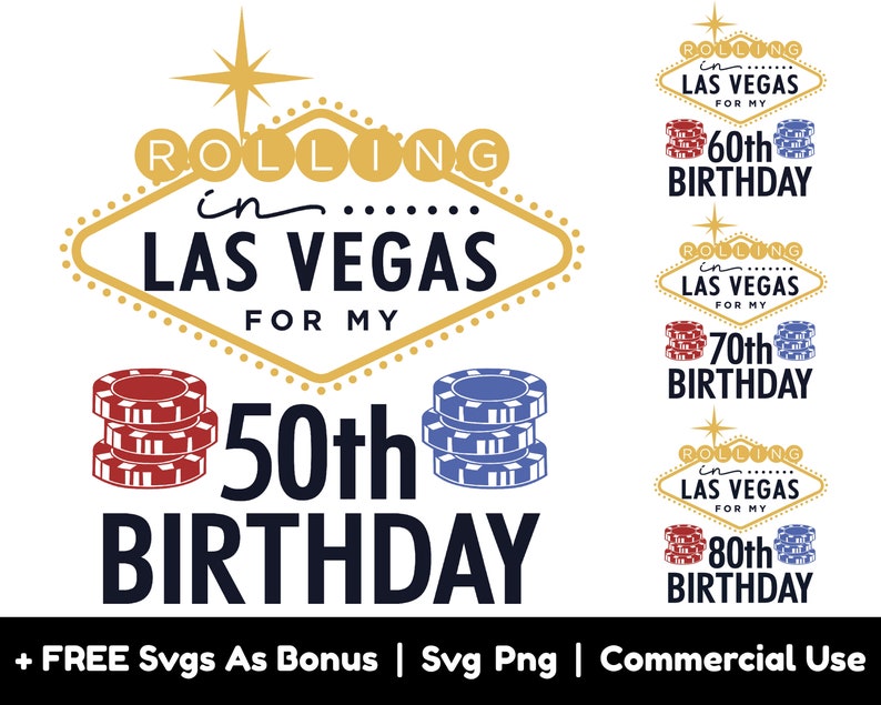Puede incluir: Un dise&ntilde;o gr&aacute;fico que presenta un letrero de Las Vegas con el texto "Rolling in Las Vegas for my 50th Birthday". El letrero es dorado con una estrella amarilla en la parte superior. Hay pilas de fichas de p&oacute;quer rojas y azules a cada lado del texto "50th Birthday". Hay tres gr&aacute;ficos adicionales del letrero de Las Vegas con el texto "Rolling in Las Vegas for my 60th Birthday", "Rolling in Las Vegas for my 70th Birthday" y "Rolling in Las Vegas for my 80th Birthday".