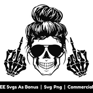 Messy Bun Skull Svg Png Files, Dito medio Svg, Trendy Svg, Divertente Svg, Adulto Svg, Camicia sarcastica Design Svg, Occhiali da sole Svg