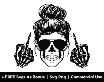 Messy Bun Skull Svg Png Archivos, Dedo Medio Svg, Svg de moda, svg divertido, svg adulto, diseño de camisa sarcástica svg, gafas de sol svg
