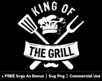 Kungen av grillen Svg Png-fil, kockmössa, gaffel och spatel Clipart-bild Svg, roliga pappor BBQ T-shirt Design Svg, förklädedesign, mustasch