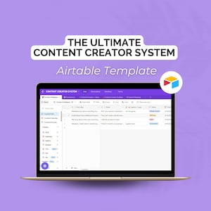May include: A laptop computer screen displaying a purple Airtable spreadsheet with the text "CONTENT CREATOR SYSTEM" and "Airtable Template". The spreadsheet is organized into columns with headings such as "Post Idea", "Hook", "Caption/Copy", "Status", and "Date".