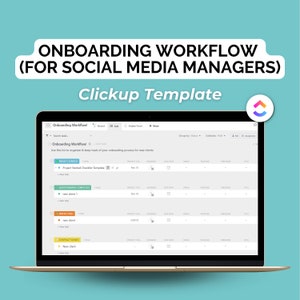 Può includere: Uno screenshot di un modello di gestione dei progetti Clickup per l'onboarding di nuovi clienti di gestione dei social media. Il modello include un elenco di attività da completare, come "Modello di checklist di avvio del progetto", "Questionario completato", "Fattura pagata" e "Contratto firmato".