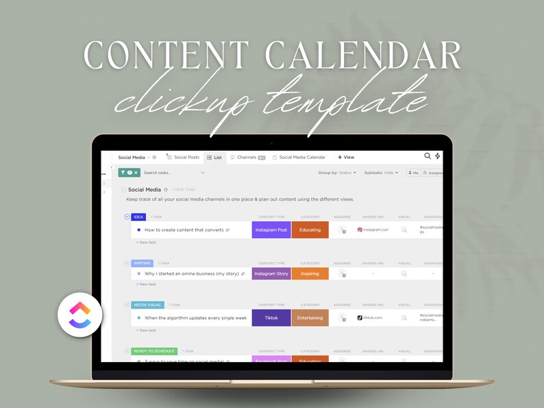 Social Media Clickup Planner Content Planning Template Content