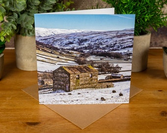 A Lone Winter Barn In Swaledale - Greetings Card (Yorkshire Dales | Thwaite | Cow'us | Fields | Valley | Autumn | Sunset | Blue Sky | Snow)