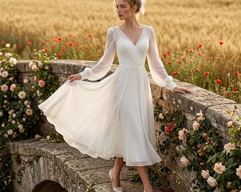 Abito midi in chiffon bianco, abito da sposa a maniche lunghe, completo da matrimonio in stile cottagecore, abito da festa vintage di NaharaBoho