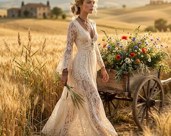 Robe longue bohème en dentelle, robe de mariée à manches longues, tenue vintage en crochet, robe de mariée rustique par NaharaBoho