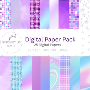 Könnte beinhalten: Ein digitales Papierpaket mit 25 Papieren in Lila-, Blau- und Rosatönen. Designs umfassen Mosaik-, Farbverlaufs- und gemusterte Texturen. Der Text "Digital Paper Pack" und "Design by Lis Crafts" sind sichtbar. Jedes Papier misst 30,48 cm x 30,48 cm.