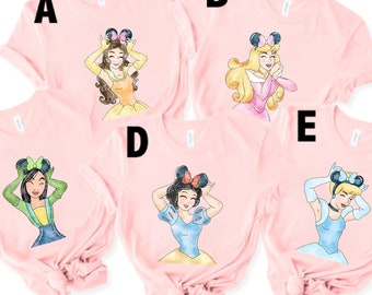 Disney Princess Minnie Ears Shirt, Belle, Tiana, Elsa, Anna, Jasmine, Ariel, Aurora, Rapunzel, Snow White, Merida, Cinderella, Mulan