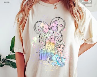 Disney Castle Frozen Elsa Princess Portrait Minnie Ears Shirt, WDW Disney Parks Magic Kingdom Disneyland Family Vacation Holiday Gift