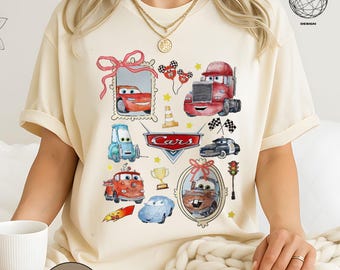Retro Coquette Bows Disney Cars shirt, Lightning McQueen Mater Doc Hudson Sally Carrera Birthday Cars Family Shirt, Disney Girl Trip Shirt