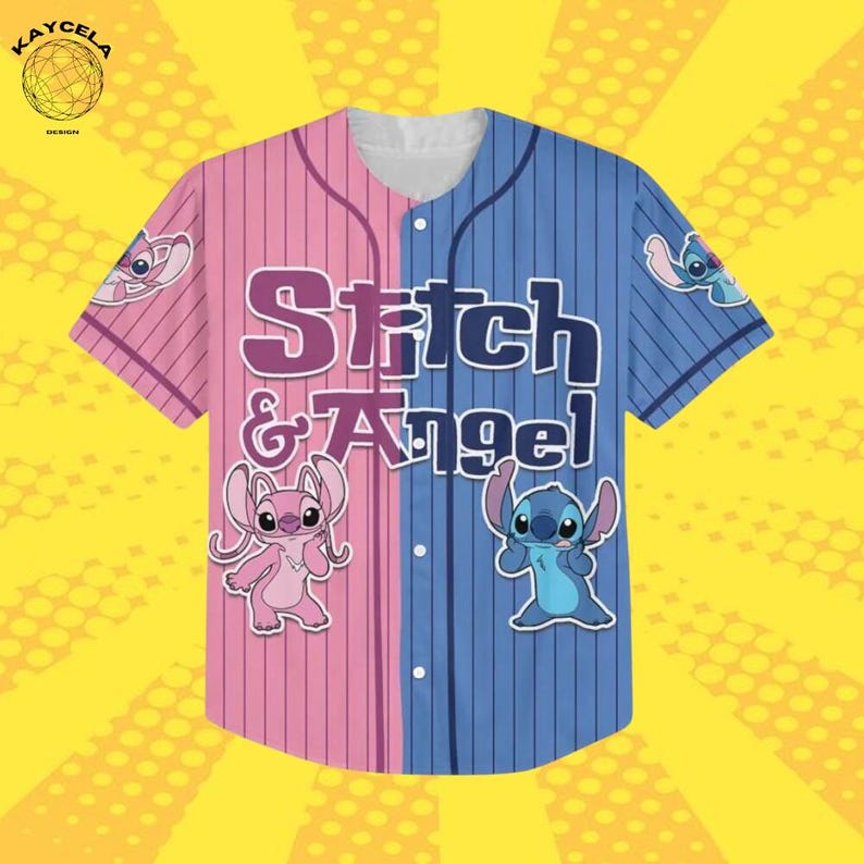 May include: A baseball jersey with a split design of pink and blue vertical stripes. The jersey features the words "Stitch & Angel" in purple and white, along with cartoon character graphics. It has short sleeves and a button-up front.