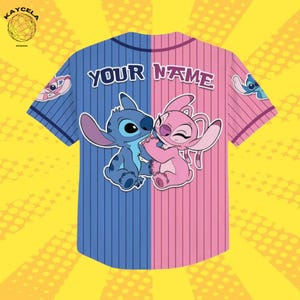 May include: A blue and pink baseball jersey with Stitch and Angel from Lilo & Stitch. The jersey has vertical stripes and the text "YOUR NAME" across the top. The design includes cartoon images of the characters.