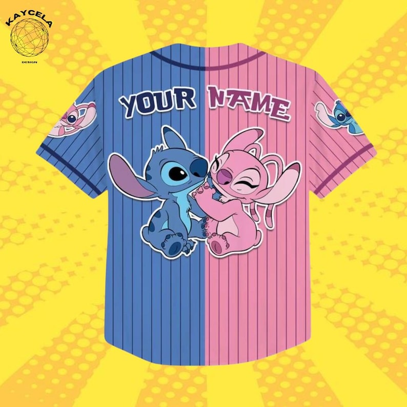 May include: A blue and pink baseball jersey with Stitch and Angel from Lilo & Stitch. The jersey has vertical stripes and the text "YOUR NAME" across the top. The design includes cartoon images of the characters.