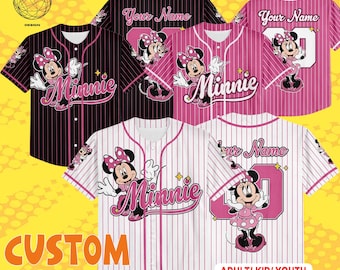 Custom Disney Minnie Mouse Baseball Jersey, Disneyland Team Outfit, Matching Family Jersey Collection, Birthday Gift for Disney Fans