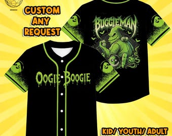 May include: A black baseball jersey with lime green trim and buttons. The front features the text OOGIE BOOGIE in a dripping font. The back displays a graphic of a green character with the text BUGGIEMAN, bats, and small pumpkins.