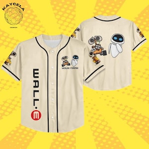 May include: Cream-colored baseball jersey featuring the characters Wall-E and Eve. The jersey has black trim, a button-up front, and the word "WALL.E" printed vertically on the front. The back of the jersey displays the characters Wall-E and Eve.