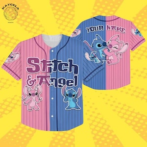 May include: A baseball jersey in pink and blue, with the words "Stitch & Angel". The jersey features cartoon images of Stitch and Angel. The back of the jersey has the words "YOUR NAME". The design is suitable for fans of the animated characters.