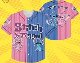 Custom Stitch And Angel Two-Color Blue Pink Baseball Jersey, Personalized Family Matching Outfit for Kids & Adults, Disney Couple Shirt