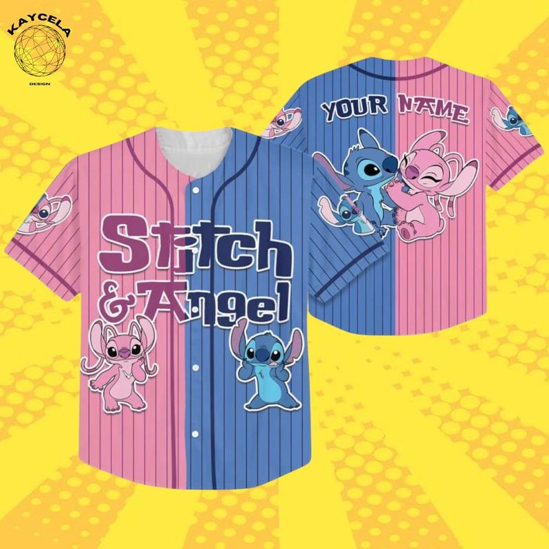 May include: A baseball jersey in pink and blue, with the words "Stitch & Angel". The jersey features cartoon images of Stitch and Angel. The back of the jersey has the words "YOUR NAME". The design is suitable for fans of the animated characters.