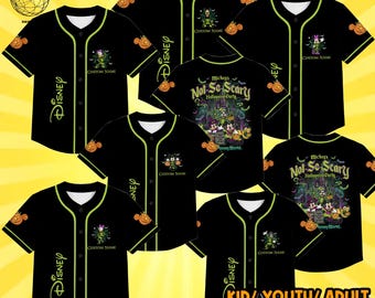 May include: Black baseball jerseys with neon green trim, featuring Disney character graphics, pumpkin icons, and the text Mickey's Not-So-Scary Halloween Party. The shirts include a space for a custom name and the Disney logo on the front placket.