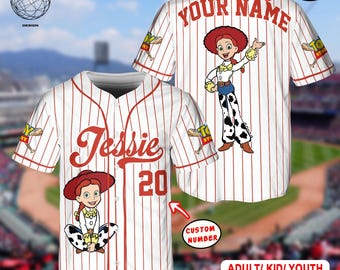 Camiseta de béisbol Jessie de Toy Story de Disney personalizada, para niños, jóvenes y adultos, ideal como regalo deportivo.