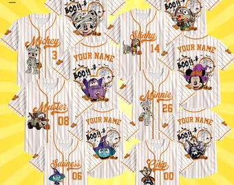 May include: A collection of white baseball jerseys with orange pinstripes, each featuring various Disney characters in Halloween costumes, the text "BOO!!", "YOUR NAME", and specific character names like Mickey, Slinky, Mater, Minnie, Sadness, and Chip.