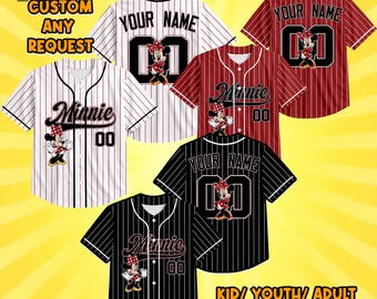 May include: Five short-sleeved baseball jerseys in white, red, and black with pinstripes. Each features a Minnie Mouse graphic, the name Minnie, and the text YOUR NAME with the number 00. Text includes CUSTOM ANY REQUEST and KID/ YOUTH/ ADULT BASEBALL JERSEY.