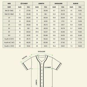 May include: A diagram of a baseball jersey with size measurements in inches and centimetres. The jersey has a button-down front, short sleeves, and a collar. The text at the top says "ALL-OVER PRINT KIDS AND YOUTH BASEBALL JERSEY".