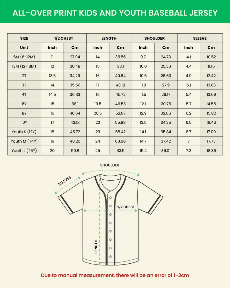 May include: A diagram of a baseball jersey with size measurements in inches and centimetres. The jersey has a button-down front, short sleeves, and a collar. The text at the top says "ALL-OVER PRINT KIDS AND YOUTH BASEBALL JERSEY".