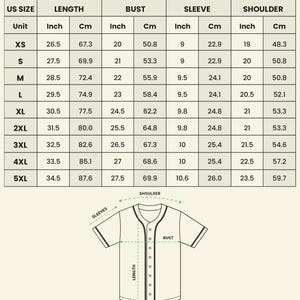 May include: A size chart for an all-over print unisex baseball jersey. Measurements are provided in inches and centimetres for length, bust, sleeve, and shoulder, ranging from XS to 5XL. A diagram shows measurement points.