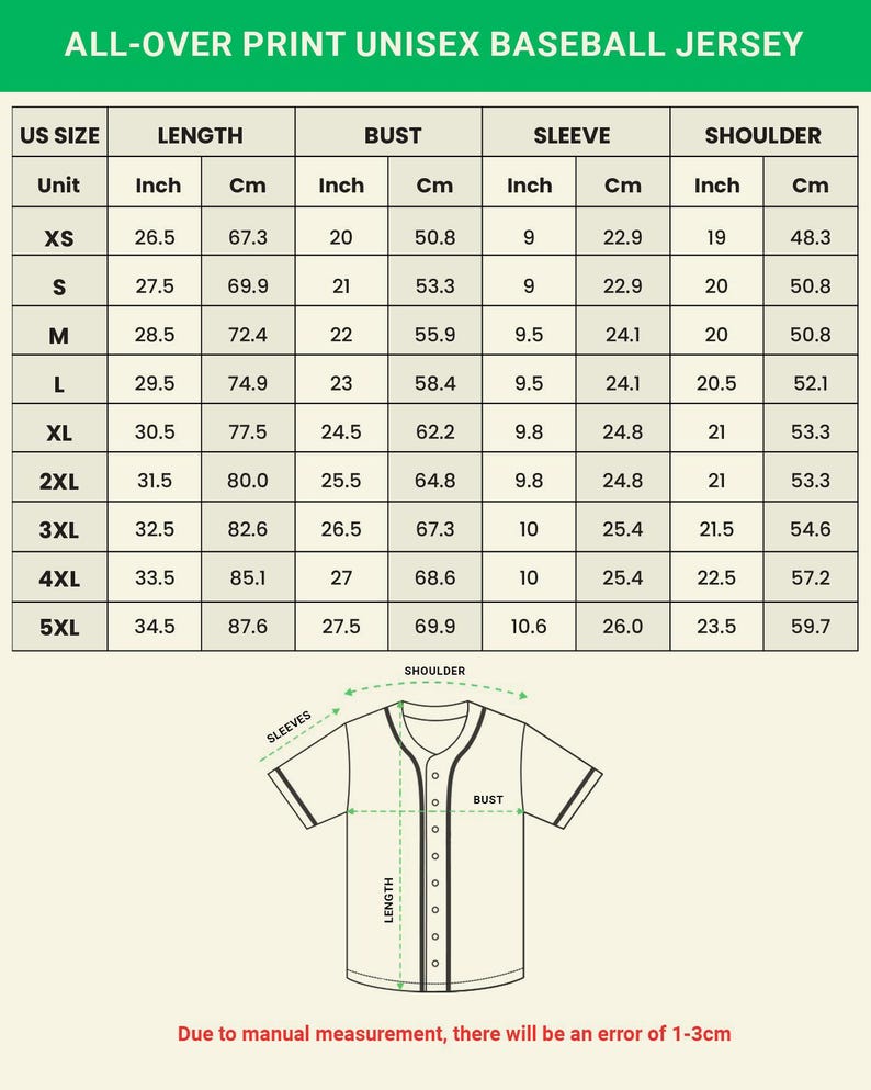 May include: A size chart for an all-over print unisex baseball jersey. Measurements are provided in inches and centimetres for length, bust, sleeve, and shoulder, ranging from XS to 5XL. A diagram shows measurement points.