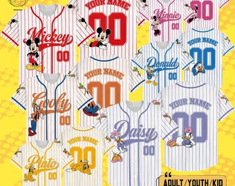 Personalized Disneyland Mickey & Friends Baseball Jersey, Cute Striped White Custom Disney Team Jersey, Mickey Birthday Shirt