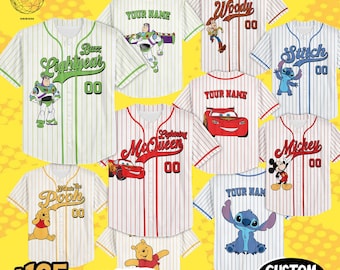 Personalize Disney Characters Striped White Jersey, Custom Disneyland Baseball Team, Mickey Mouse Birthday, Toy Story Jersey