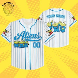 May include: White baseball jersey with blue pinstripes, featuring the word "Aliens" in blue script and the number "00". The jersey has cartoon alien graphics and the text "YOUR NAME" on the back. The sleeves have a "Toy Story" logo.