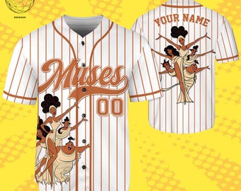 May include: A white and brown striped baseball jersey with the word "Muses" in brown script. The jersey features a cartoon illustration of women in flowing gowns. The number "00" is on the front. The back of the jersey says "YOUR NAME" and has a similar illustration.