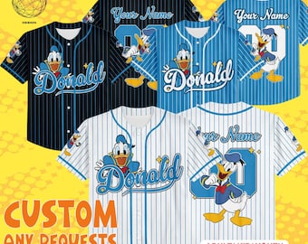 May include: Baseball jerseys with Donald Duck designs in black, blue, and white with pinstripes. The jerseys have the word "Donald" on the front, and "Your Name" can be added. The bottom text says "CUSTOM ANY REQUESTS".