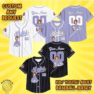 May include: A collection of short-sleeved baseball jerseys in white, purple, and black with pinstripes. Each jersey features the name Sofia, the number 00, and a cartoon character graphic. The text Custom Any Request and Kid/Youth/Adult Baseball Jersey are visible.